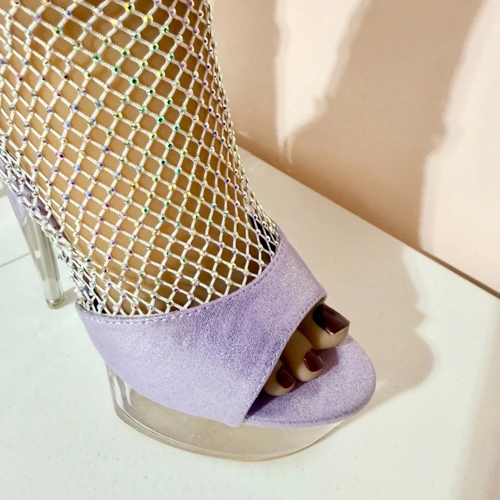 * Golden Bulls Lavender Mesh Rhinestones Clear 6” Heels